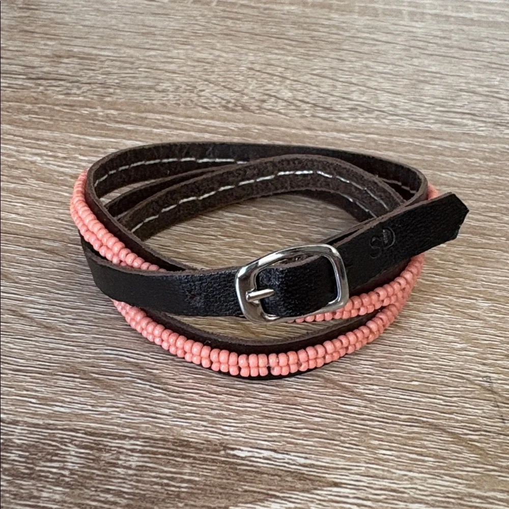 S&D Triple Wrap Brown leather coral seed bead Bracelet Adjustable buckle clasp